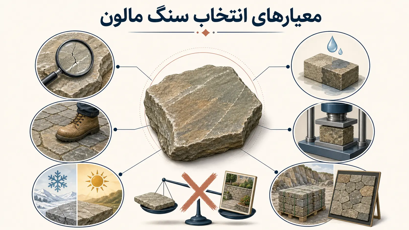 معیارهای انتخاب سنگ مالون شامل سلامت، جذب آب، مقاومت و اقلیم