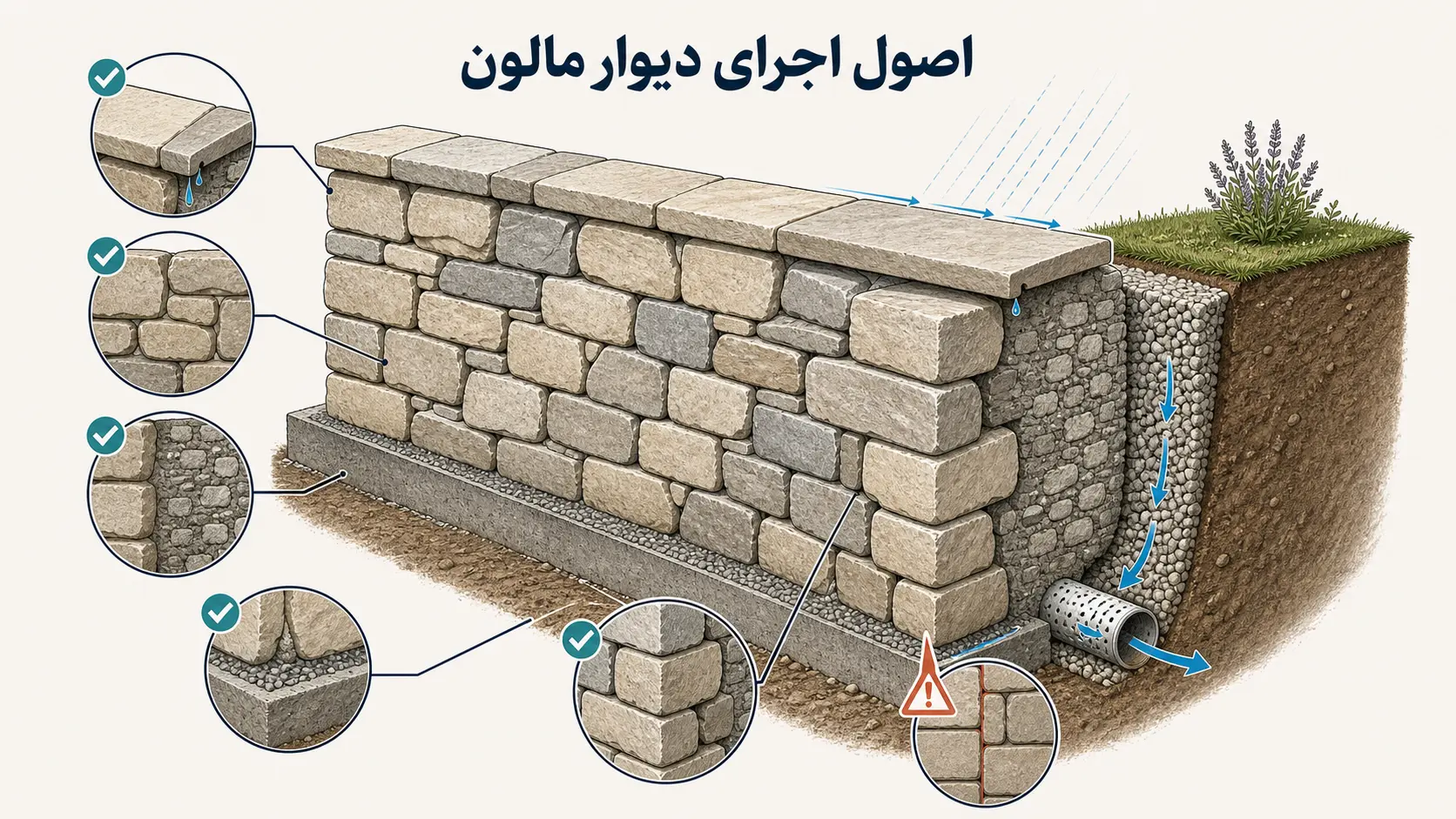 اصول اجرای دیوار مالون با بندهای درگیر، درپوش و زهکشی